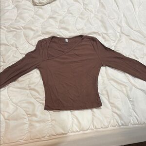 ReoRia Brown Asymmetrical Fitted Long Sleeve Top